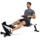 Adjustable folding magnetic rowing machine with 8-level resistance, featuring a U-shaped seat and LCD monitor for home.